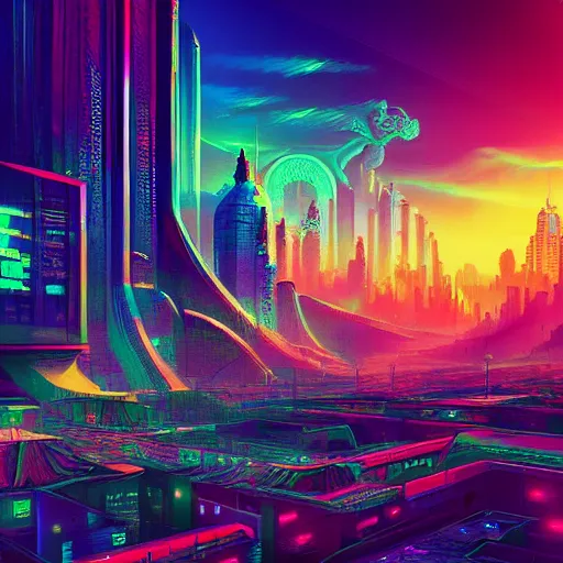 Image similar to matte painting of the sacred geometry of cyberpunk, brilliant colors, extremely detailed, very very detailed, in the style of alena aenami by Alex grey, HD, 4k, 8k