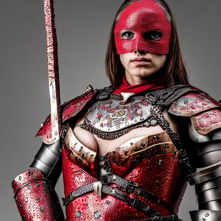 Prompt: photograph of a real-life beautiful! female warrior with ruby encrusted armour. Extremely detailed. 8k