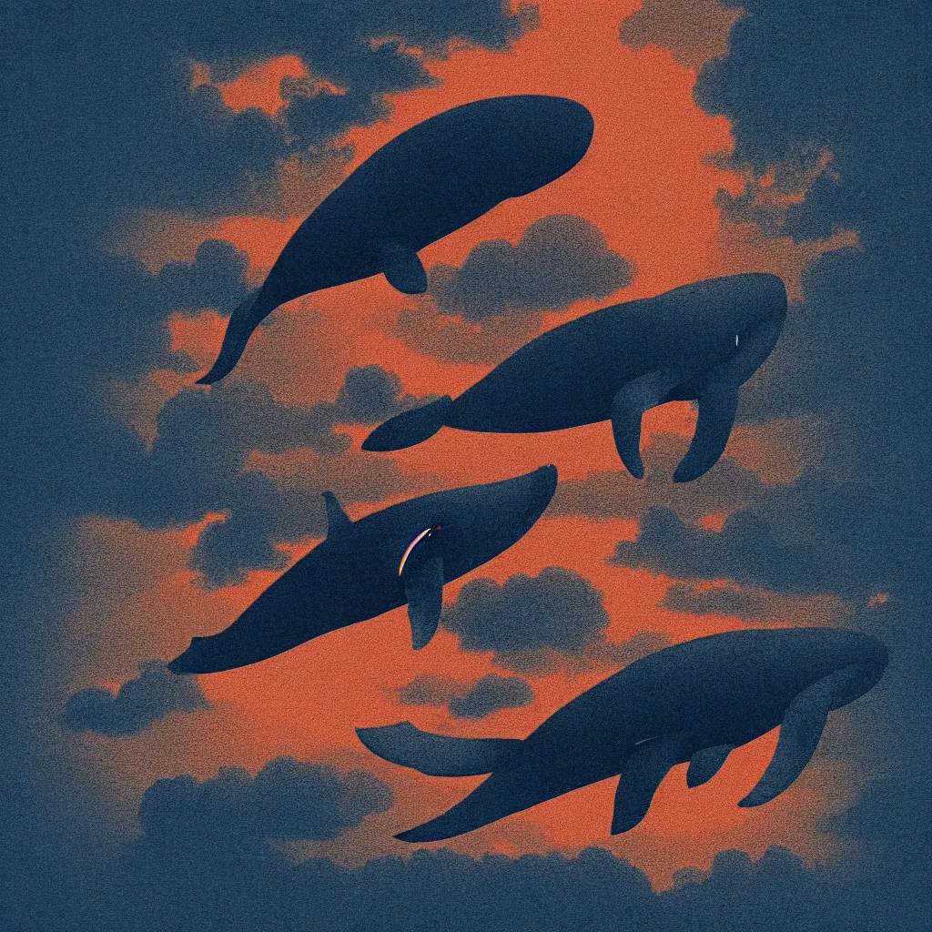 Image similar to flying whale, film noir, stippled light, dramatic lighting, editorial illustration, detailed, fine texture, matte print, art deco, brutalism, dark blue + dark orange, red, black, ( ( habitat 6 7 background ) )