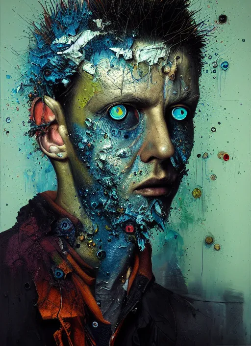 Image similar to gediminas pranckevicius photoreal colorful gouache impasto portrait of rebel punk!!!! by nicola samori and russ mills, blue glowing aggressive led eyes, zbrush, greeble skin, dripping color, octane render