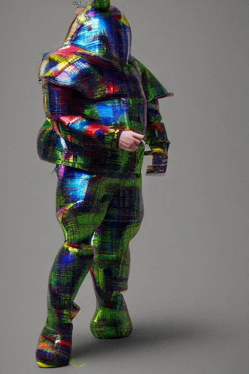 Prompt: a character wearing a voluminous inflatable suit made from tartan mix and ionized metal and plastic, blurred, muted colors, oil painting hyper real, super detailed, full body, soft light