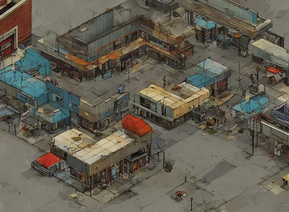 Prompt: Screenshot of the outside of an abandoned rusty McDonald restaurant in Fallout 2 (1998), isometric perspective, postapocalyptic, bird's eye view, prerendered isometric graphics, high quality