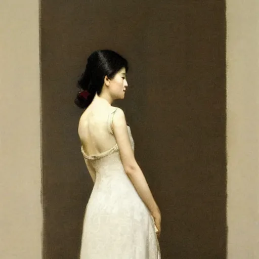 Prompt: asian girl with long hair, back view, wedding dress, by ramon casas