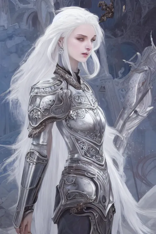 Image similar to portrait white hair knights of zodiac girl, matt white ice color armor, in ruined agora of athens, ssci - fi and fantasy, intricate and very very beautiful and elegant, highly detailed, digital painting, artstation, concept art, frostbite engine, smooth and sharp focus, illustration, art by tian zi and wlop and alphonse mucha