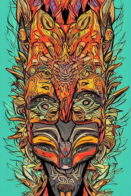 Image similar to animal mask totem roots flower tribal feather gemstone plant wood rock shaman vodoo video game vector cutout illustration vivid multicolor borderlands comics by josan gonzales and dan mumford radiating a glowing aura