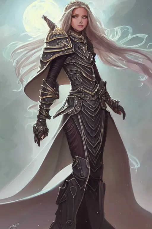 Prompt: a full body portrait of a gorgeous female paladin, D&D, choker on neck, stylish dress, very long flowing hair, intricate, elegant, stylish, cute slightly nerdy smile, mouth slightly open, fantasy, highly detailed, digital painting, artstation, concept art, smooth, sharp focus, illustration, art by artgerm and greg rutkowski and alphonse mucha