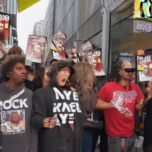 Prompt: NYTimes article: famous celebrities protesting in front of Mcdonalds over fry shortage