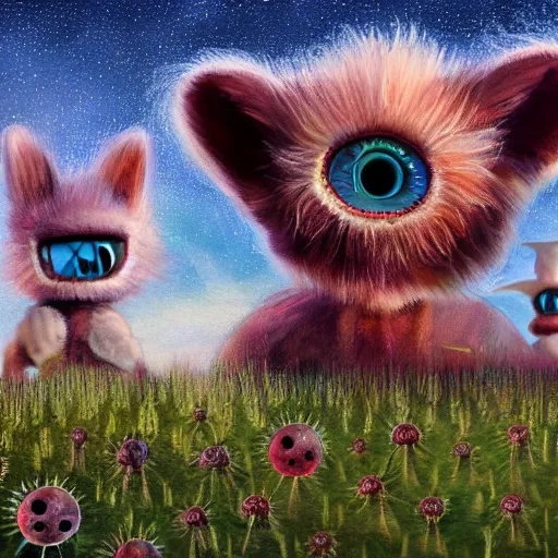 Prompt: cute furry alien creatures in field of unusual extraterrestrial plants detailed painting 4k