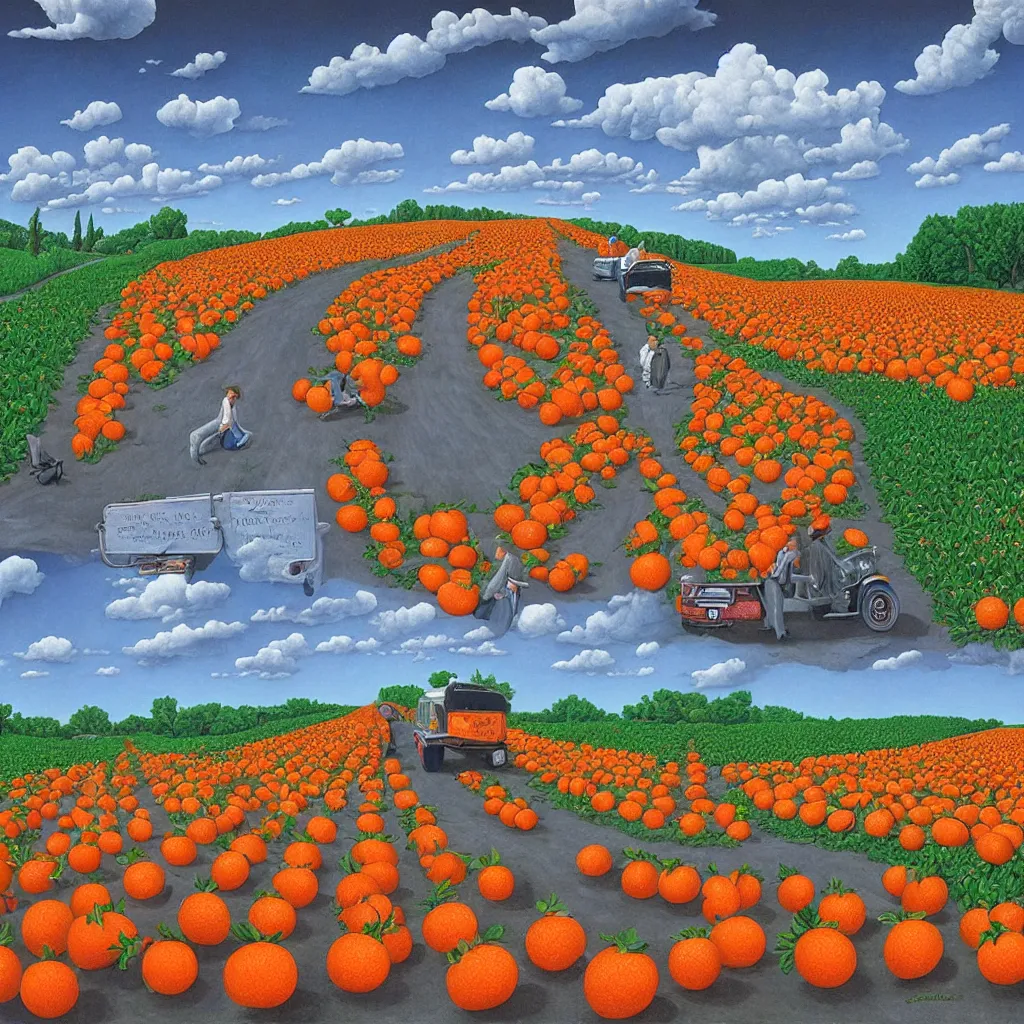 Image similar to a orange strawberry field seen by far in a car riding by, by Rob Gonsalves