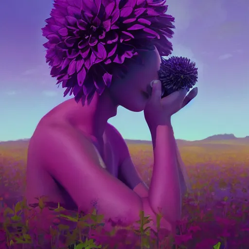 Image similar to portrait, giant purple dahlia flower head, woman in oasis, surreal photography, sunrise, blue sky, dramatic light, impressionist painting, digital painting, artstation, simon stalenhag