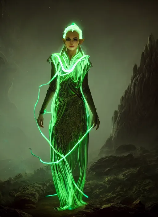 Image similar to high fantasy and sci - fi elvish rogue wearing a bioluminescent vine dress, surrounded by elvish glowing runes cinematic shot in the style of final fantasy, cinematic lighting, hyperdetailed, 8 k realistic, global illumination, mysterious light, dof, trending on artstation, digital art