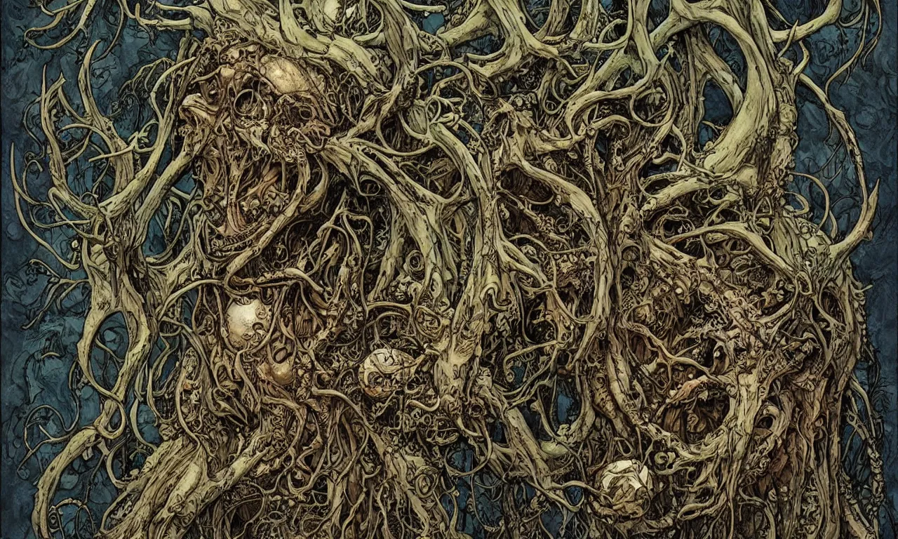 Image similar to hyperdetailed art nouveau portrait of treebeard as a cthulhu eyeball skull wendigo cryptid, by geof darrow, simon bisley and bill sienkiewicz, grim yet sparkling atmosphere, photorealism, claws, skeleton, antlers, fangs, forest, wild, crazy, horror, lynn varley, lovern kindzierski, steve oliff