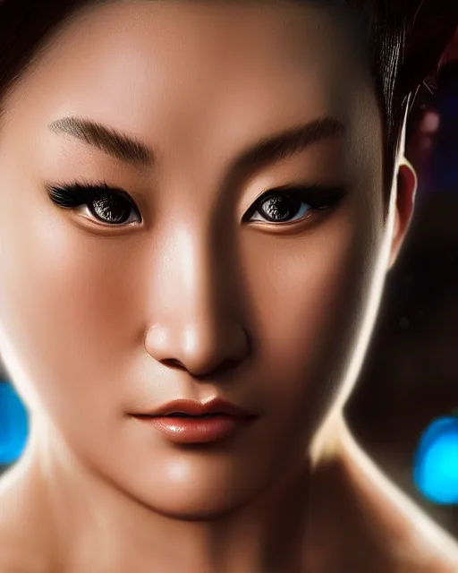 Image similar to Beautiful close highly detailed portrait of Chun-Li from Street Fighter 2. Trending on artstation. Digital render by Yury Kantsevich. XF IQ4, 150MP, 50mm, f/1.4, ISO 200, 1/160s, natural light, rule of thirds, symmetrical balance, depth layering, polarizing filter, Sense of Depth, AI enhanced