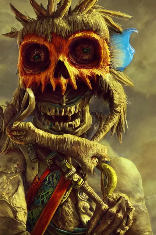 Prompt: Skull Kid from Zelda oil on canvas, intricate, portrait, 8k highly professionally detailed, HDR, CGsociety