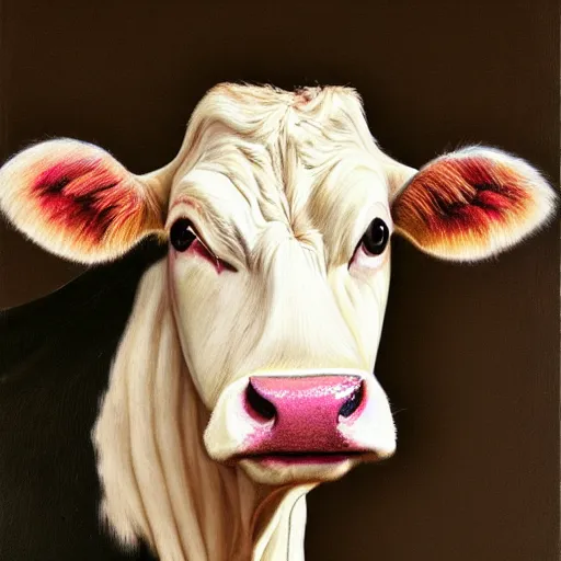 Prompt: a cow, portrait by vogue