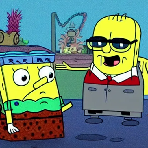 Image similar to walter white gets trapped in bikini bottom and meets spongebob and patrick