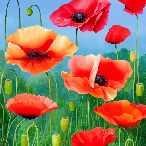 Prompt: beautiful digital painting of poppies, botanical painting, nature detailed, by Georgia O'Keeffe, Carmelo Blandino 4K
