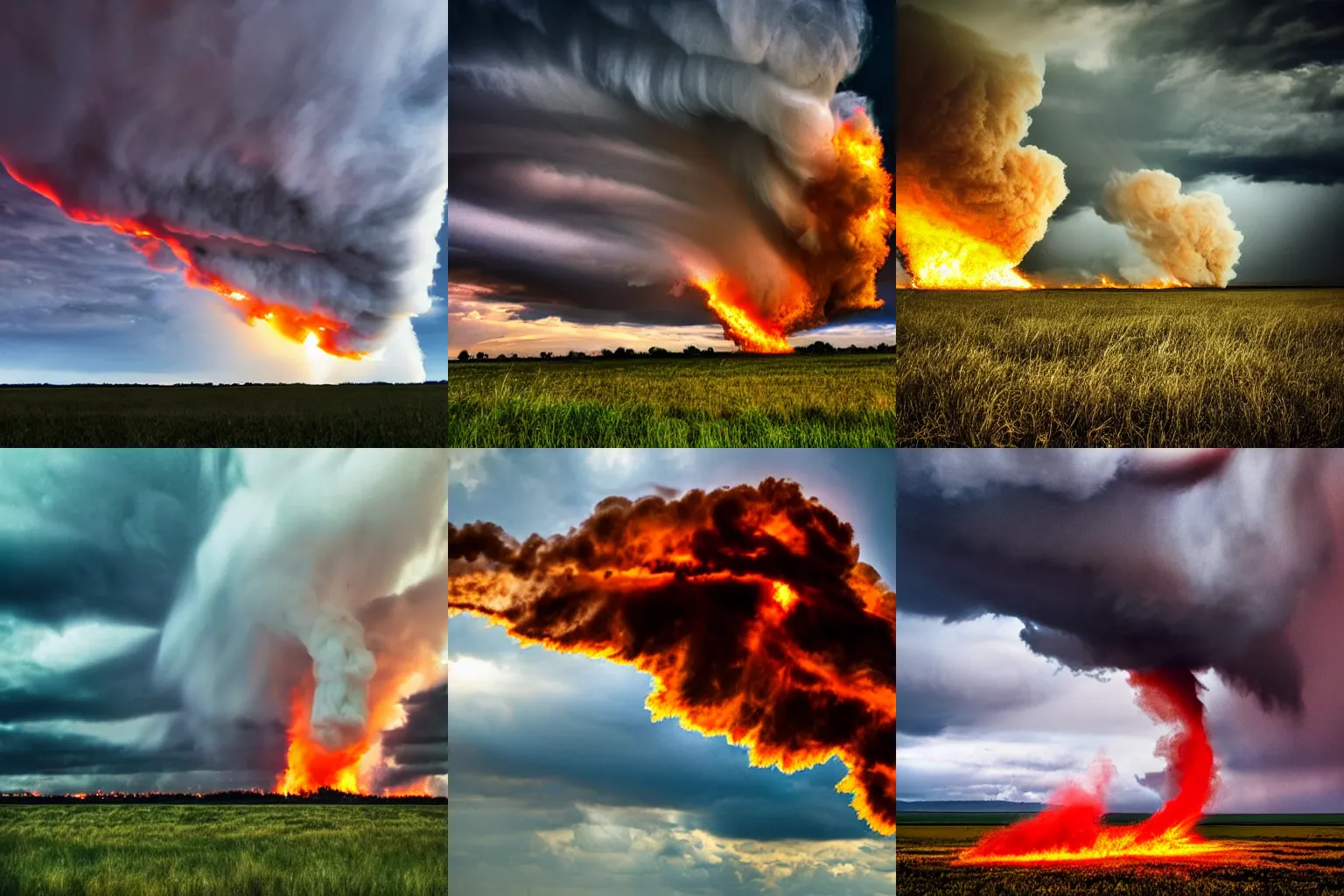 Prompt: A tornado made of fire in a field under a cloudy sky, realistic, dramatic lighting