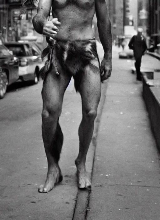 Image similar to film still, portrait of tarzan walk on the street of new york, by charlotte grimm, natural light, detailed face, beautiful features, symmetrical, 8 k, medium - format print, half body shot