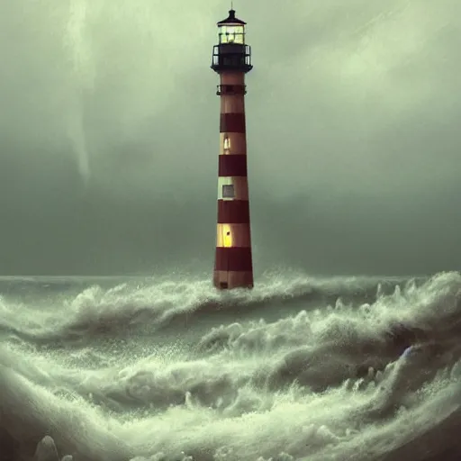 Prompt: lighthouse in a stormy sea, mechanic, robotic, abandoned, overgrown, cables, moody, realistic, concept art by simon stalenhag