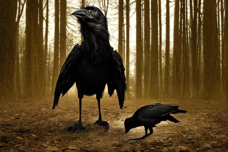 Image similar to werecreature consisting of a crow and a human, photograph captured in a dark forest