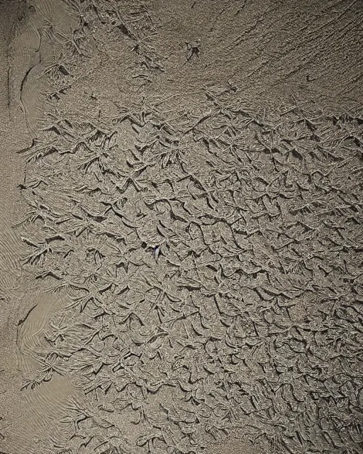 Prompt: a beach, made of intricate decorative lace leaf skeleton, shot from a drone, in the style of the dutch masters and gregory crewdson, dark and moody