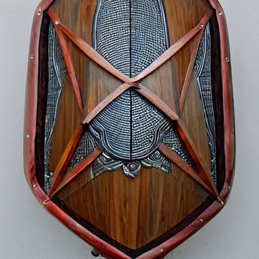 Prompt: impressive teardrop kite shield, made from hardwood A true work of mastery, as this shield was forged by summit dwarves in a storm workshop. The shield's edges are emblazoned with a thick metal lining and have been decorated with intricate metalwork. Its centre is garnished with symmetrical paintwork and zealous texts. It's clear this shield has been through numerous battles. Holes and cracks made by who knows what leave visible reminders of victory and loss, but one this is for sure: death will have to wait a little while longer.