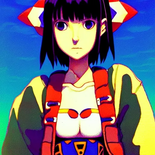 Image similar to beautiful boyish natalie portman gravure model in majora's mask, wearing big mayan bomber jacket with overalls and leotard, big bomber jacket with subtle mayan patterns, aztec bathing suit, gapmoe yandere grimdark, trending on pixiv fanbox, painted by greg rutkowski makoto shinkai takashi takeuchi studio ghibli, akihiko yoshida