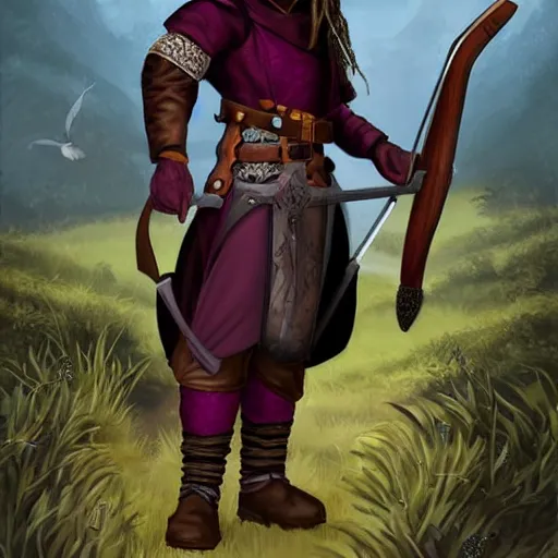 Image similar to a medieval hunter with african ethnicity and dreadlocks, plum color scheme, fantasy character portrait