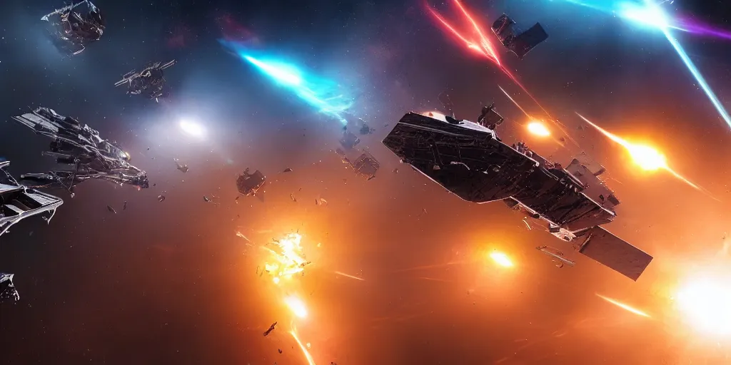 Image similar to spacecraft battle scene, cinematic scifi shot, laser fire, explosions, ultra realistic details, 8 k