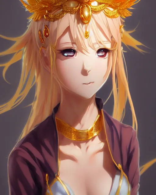 Image similar to character concept art of an anime goddess of gold and precious gems | | cute - fine - face, gossamer clothing, pretty face, realistic shaded perfect face, fine details by stanley artgerm lau, wlop, rossdraws, james jean, andrei riabovitchev, marc simonetti, and sakimichan, tranding on artstation