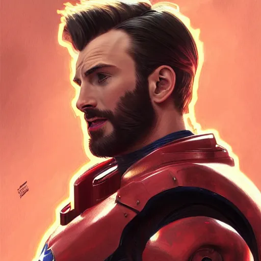 Prompt: handsome Chris Evans wearing a Red Power Armor, western, closeup, D&D, fantasy, intricate, elegant, highly detailed, digital painting, artstation, concept art, matte, sharp focus, illustration, art by Artgerm and Greg Rutkowski and Alphonse Mucha