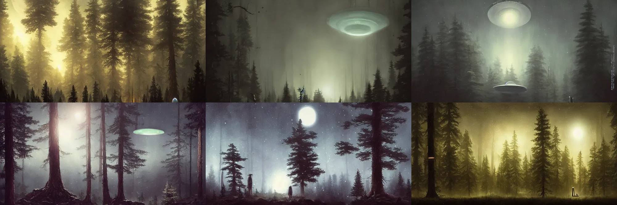 Prompt: Far away giant UFO emerging from the sky over a pine tree forest by Greg Rutkowski, dark, night