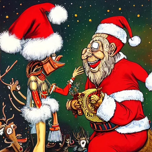 Image similar to a detailed painting of rameses ii slapping santa claus by gerald scarfe and ralph steadman