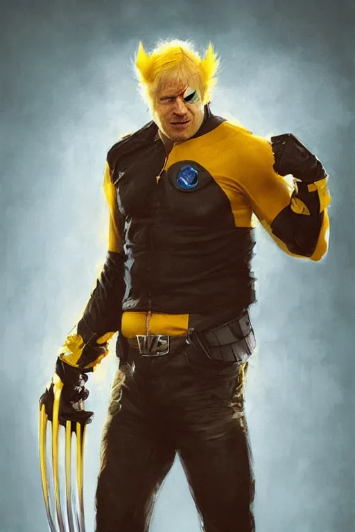 Prompt: Boris Johnson as movie Wolverine, claws are up, yellow X-man costume, Boris Johnson hairstyle, calm, grumpy, portrait, masculine figure, highly detailed, digital painting, artstation, concept art, smooth, sharp focus, illustration, cinematic lighting, art by artgerm and greg rutkowski and alphonse mucha