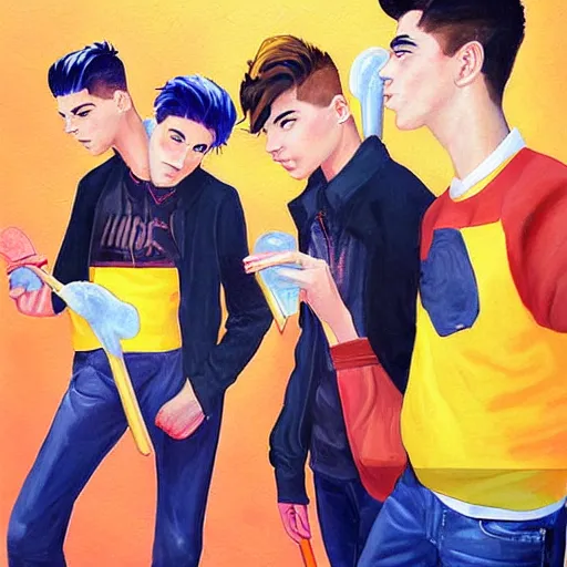 Image similar to a painting of three male teenagers with rockabilly haircuts holding yellow ice pops and looking at women in the streets high details by ross tran