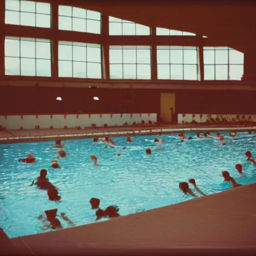 Image similar to an indoor swimming pool filled with people swimming, 35mm film