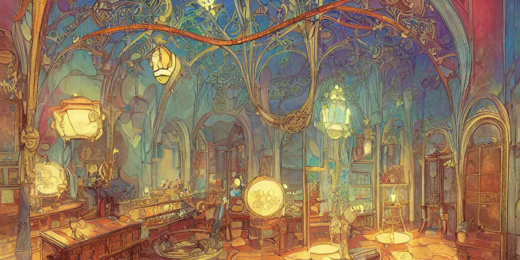 Prompt: an art nouveau decorated alchemy room, magical, bright, colorful, fantastic lighting, amazing details, 4 k uhd, illustration by hayao miyazaki and makoto shinkai and ilya kuvshinov, artstation, pixiv,