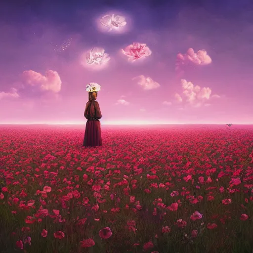 Prompt: woman with a rose flower face standing in flower field, surreal photography, sunrise, colorful clouds, artstation, simon stalenhag