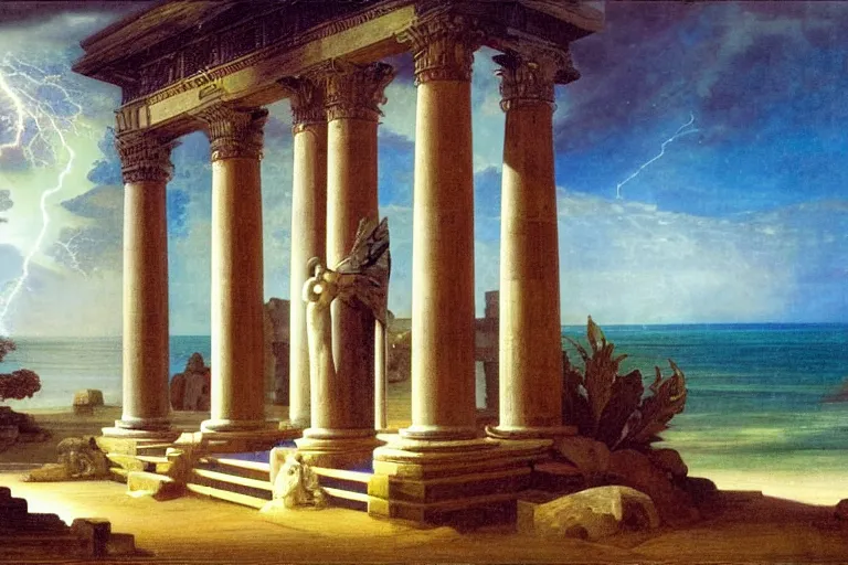 Prompt: Doric temple on front of balustrade and palace columns, refracted lightnings on the ocean, thunderstorm, tarot cards characters, beach and Tropical vegetation on the background major arcana sky and occult symbols, by paul delaroche, hyperrealistic 4k uhd, award-winning, very detailed paradise