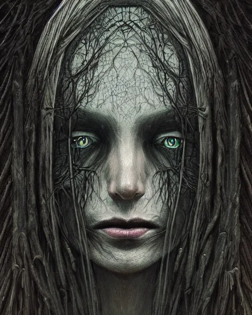 Prompt: portrait of the witch of the woods, full color, dark colors, artstation, trending, intricate lining, inspired by tormentum dark sorrow screenshot, by piotr ruszkowski, h. r. giger and zdzisław beksinski