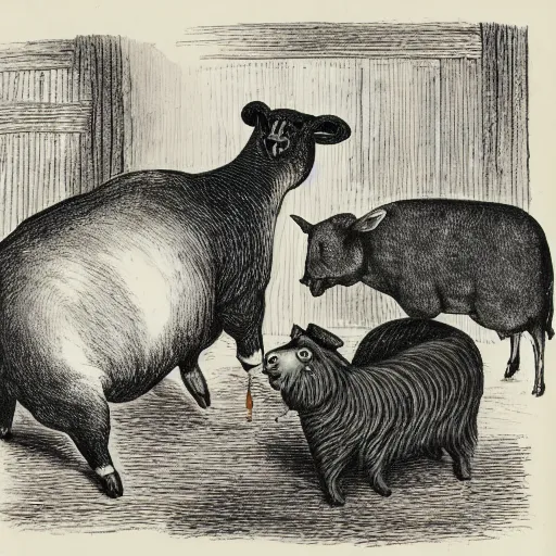 Image similar to butcher giving food to a cat, while being watched by a pig, a sheep, a chicken and a cow