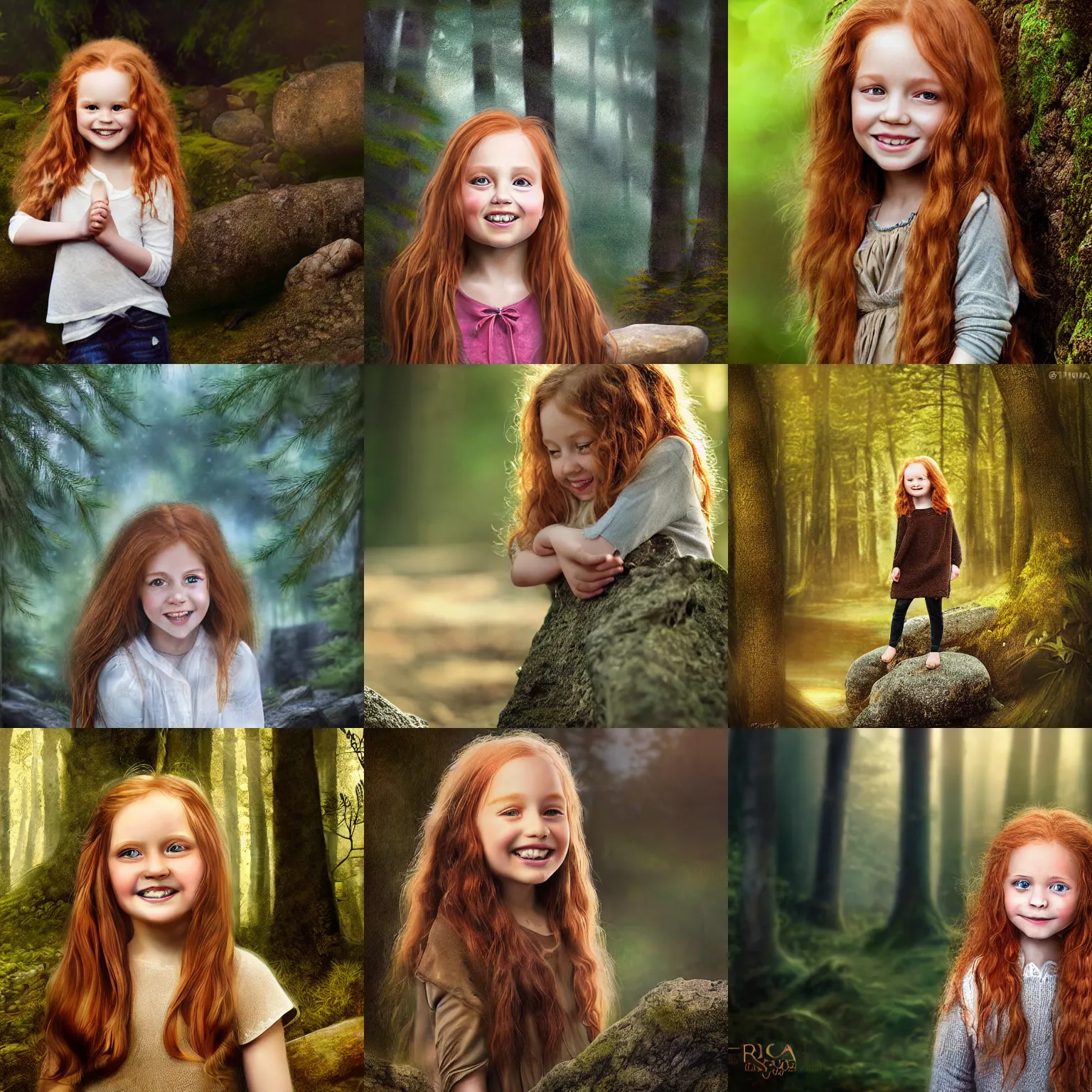 Prompt: beautiful 5 year old girl with long ginger hair and brown eyes, smiling and standing on a rock in the forest. warm atmospheric lighting. portrait. realistic face. highly detailed digital painting by irina french.