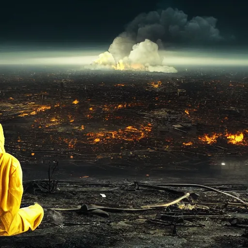 Image similar to a beautiful award-winning photo of the last man on Earth wearing a hazmat suit, sitting and depressed, serene post-nuclear background, a huge nuclear cloud, a mirage of a skyline of a destroyed city, numerous fires, volumetric lighting, haze, very high quality, extremely detailed, subtle visual noise, 8K