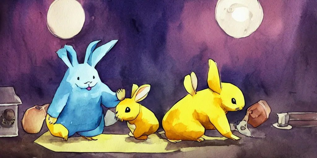 Image similar to drowzee making a new dream for a rabbit, watercolor, movie, concept art, warm lighting, vivid colours, cute