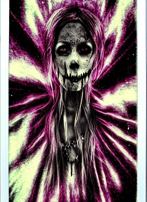 Prompt: gothic soul - spirit with galaxy dead eyes, random decor of necro blast, psycho colors veins, realistic flavor, twisted sorrow fade soft, polaroid 6