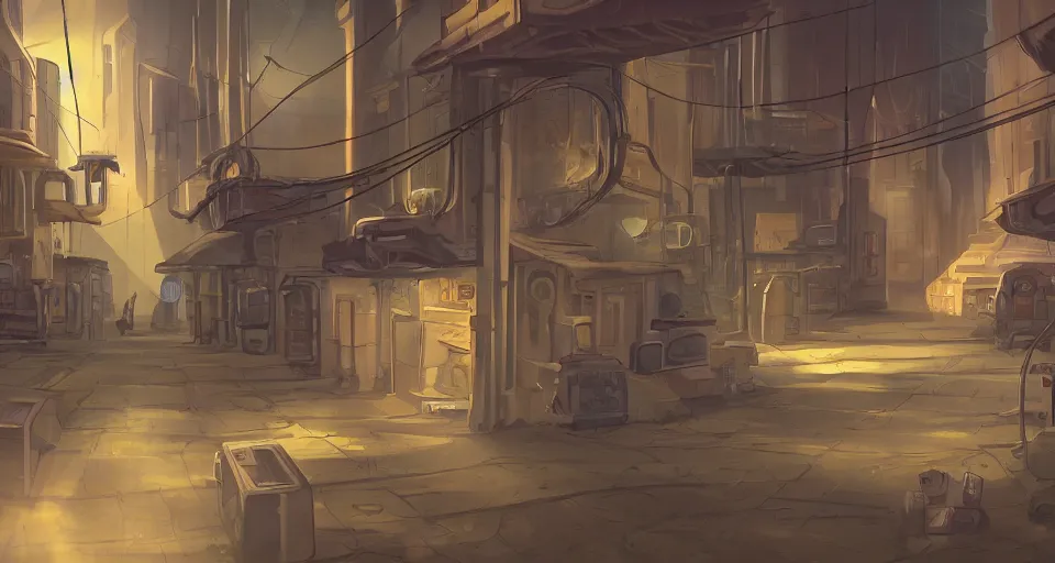 Image similar to Sci-fi wallpaper of an alley in a desert city, close-up view, point-and-click adventure game, cinematic, concept art