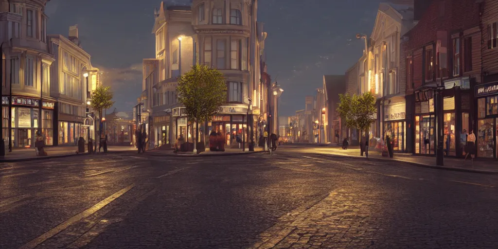 Image similar to Photorealistic Grafton Street on a quiet Charlottetown night. Hyperdetailed photorealism, UHD, amazing depth, glowing rich colors, golden ration, 3d shading, cinematic lighting, artstation concept art