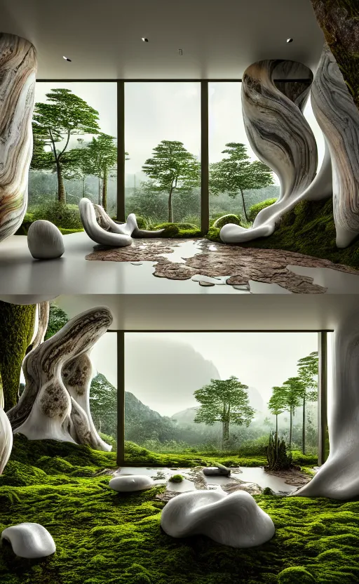 Image similar to highly detailed villa natural beautiful light interior soft cinematic composition of a smooth ceramic porcelain biomorphic magnolia stone nebula fluid sci - fi surreal colorful architecture landscape, furniture, granite, trees, marble, moss, lichen, fungi, vincent callebaut composition, mamou - mani, archviz, 8 k, unreal engine, hdr