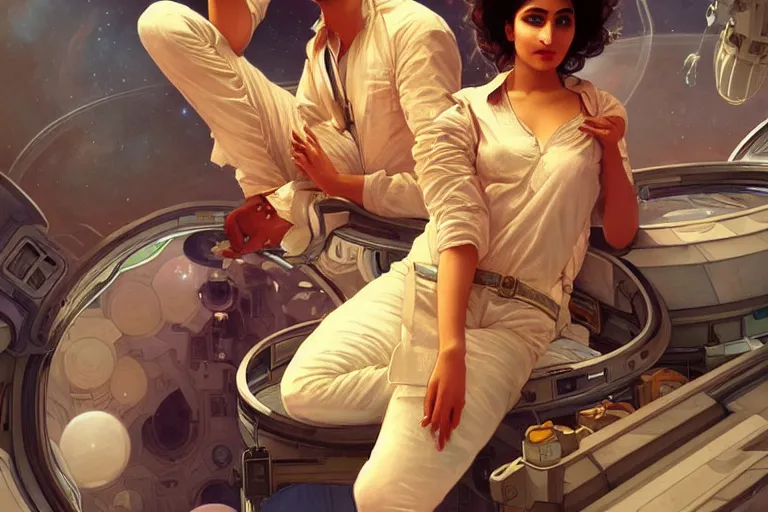 Image similar to Sensuous good looking pale young Indian doctors wearing jeans in a space station above Earth, portrait, elegant, intricate, digital painting, artstation, concept art, smooth, sharp focus, illustration, art by artgerm and greg rutkowski and alphonse mucha